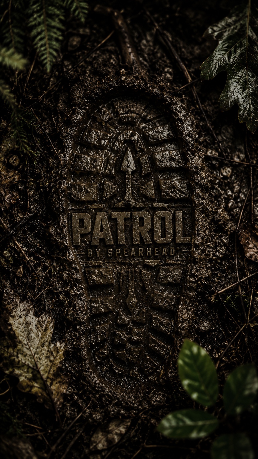 PATROL identity impressed into a woodland boot print