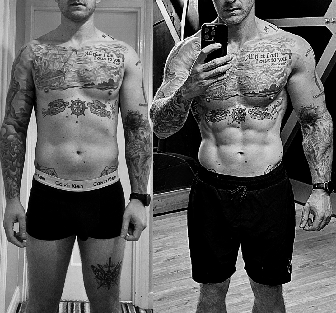 Paired training progress photographs.