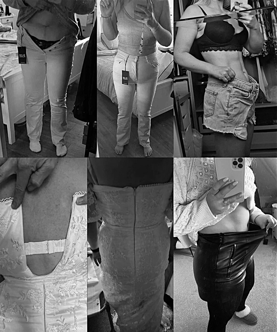 Six client progress photographs documenting changes in clothing fit.