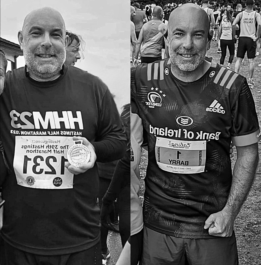 Two photographs of a client at running events.