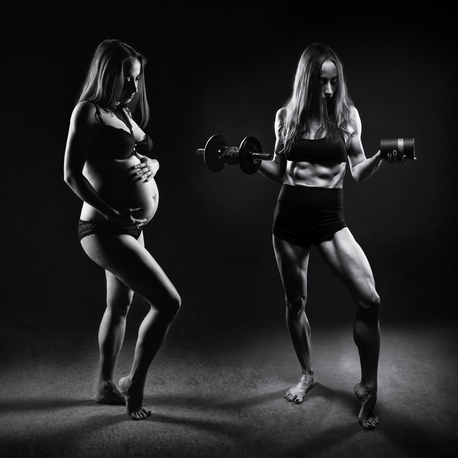 Paired black-and-white studio photographs showing a client transformation.